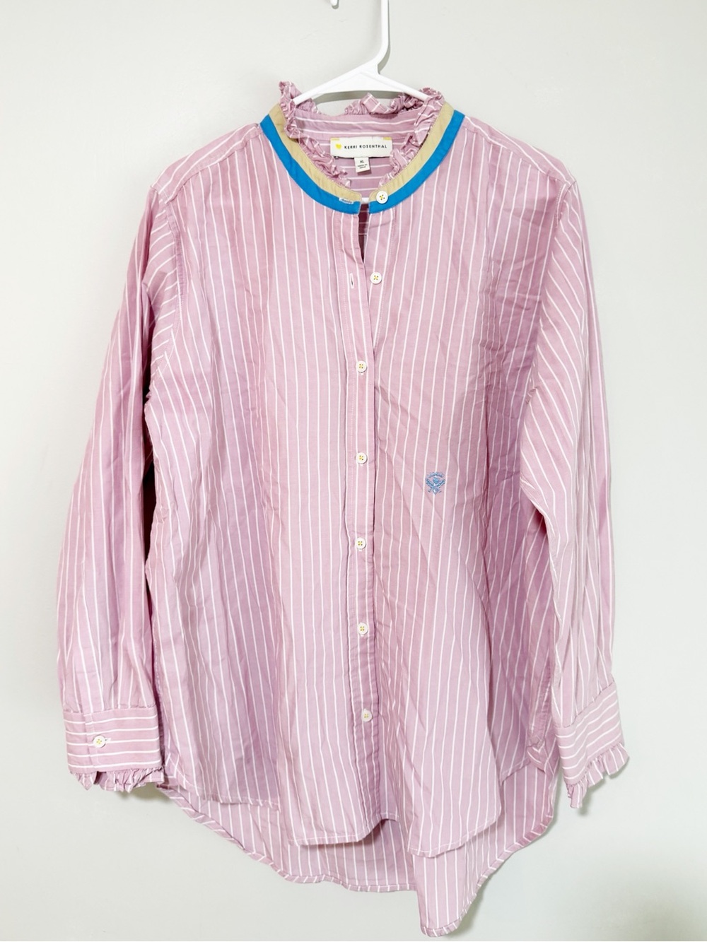 Kerri Rosenthal mia striped ruffle button down blouse size extra large pink - Picture 3 of 6